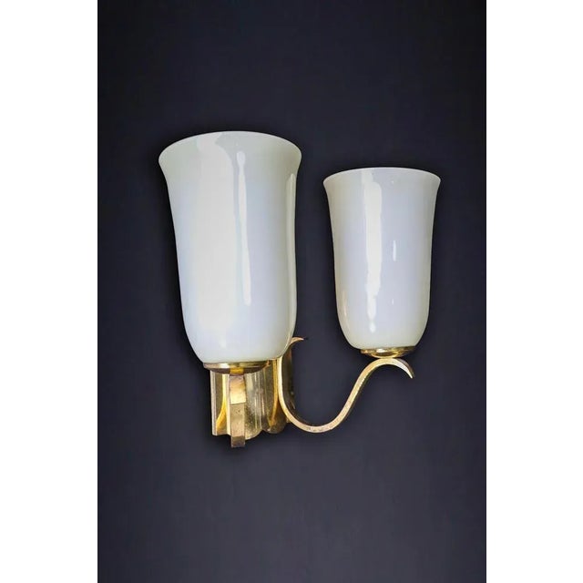 Mid-Century Brass Wall Light with Opaline Glass Shades, Germany, 1950s For Sale - Image 9 of 10