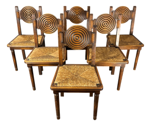 French Farmhouse Turned Wood and Rush Dining Chairs in the style of Charles Dudouyt, 1950s, Set of 6