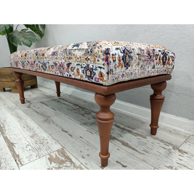 Wood Bohemian Style Rug Print Fabric Upholstered Hallway Bench For Sale - Image 7 of 9