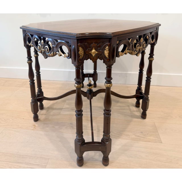 Antique Rococo Reticulated Carved Table with carved crossed stretches and double legs. The back of the table has a mark#269.