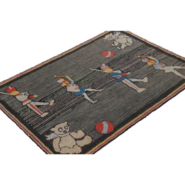 Rug & Kilim Antique Hooked Rug in Gray and Red With Pictorial Patterns - Rug & Kilim For Sale - Image 4 of 7