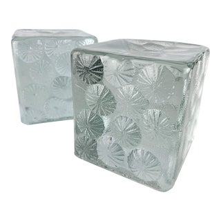 60s Blenko Cube Bookends Joel Myers Design Impressed Abstract Flower Starburst Sand Dollar For Sale