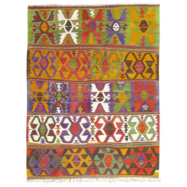 Colorful vintage Turkish Kilim. 4'6'' x 5'9''