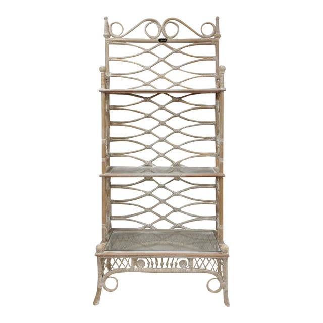 Vintage Etagere Henry Link Rattan Whitewash Three-Tier Glass Shelves Coastal For Sale