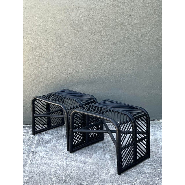 Vintage Stick Rattan Waterfall Low Stools - A Pair For Sale - Image 12 of 12