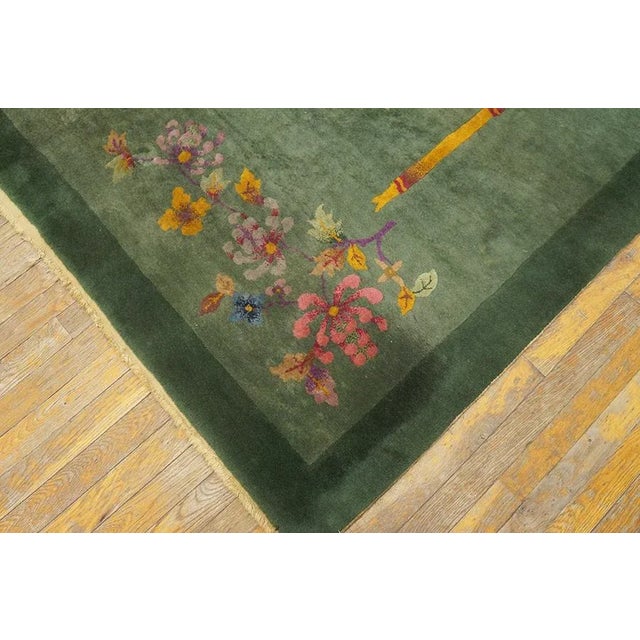 1920s Green Floral Bamboo Antique Chinese Art Deco Carpet 7' 10'' X 9' 7'' Knotted Wool Rug For Sale - Image 11 of 11
