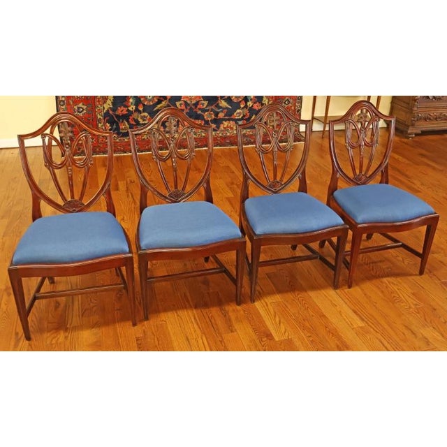 1990s Set of 8 Regency Style Solid Mahogany Fleur-De-Lis Blue Fabric Dining Chairs For Sale - Image 10 of 18