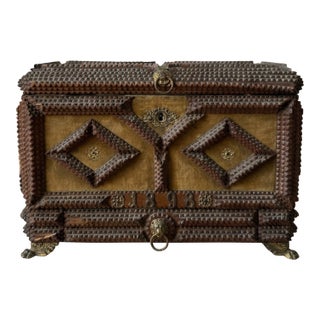 Antique Tramp Art Jewelry Box 1898, Hand Carved Wooden Chest With Mirror, Folk Art Keepsake Box, Victorian Trinket Box, Lion Pull For Sale