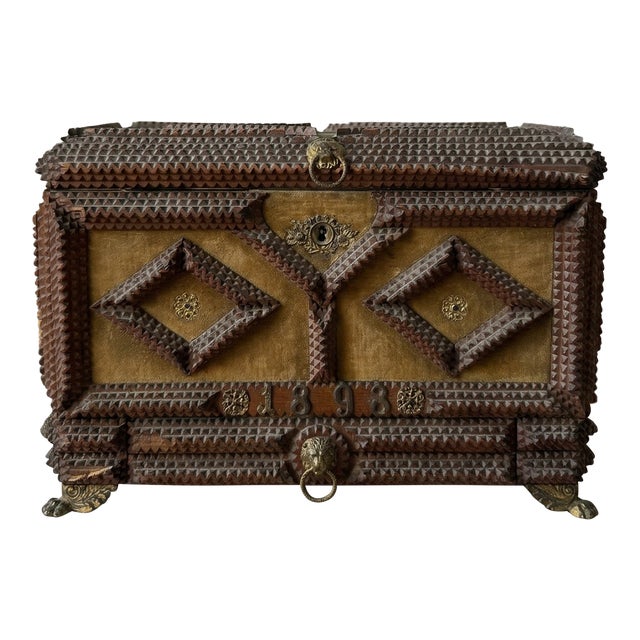 Antique Tramp Art Jewelry Box 1898, Hand Carved Wooden Chest With Mirror, Folk Art Keepsake Box, Victorian Trinket Box, Lion Pull For Sale
