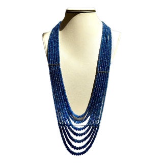 760 Carat Natural Sapphire Bead Seven Strand Necklace 14K Gold With Spacer 28" For Sale