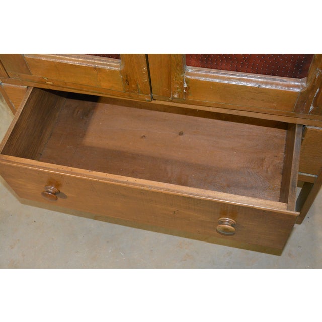Vintage Wood & Brick Red Punched Tin Pie Safe Cabinet W/ Shelves & Lower Drawer For Sale - Image 9 of 18