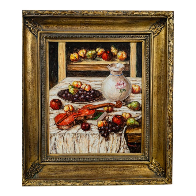 Still Life Original Oil Painting in Beautiful Heavy Gilt Frame For Sale