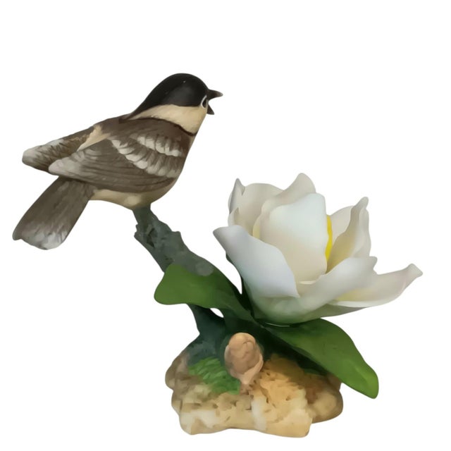 1980s Rare Andrea by Sadek White Magnolia With Chickadee Porcelain Figurine With Box For Sale - Image 5 of 18