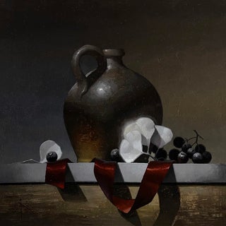 Dust & Scarlet by Blair Atherholt | Oil on Panel Still life with a jug, grapes, and fabric ribbons. For Sale