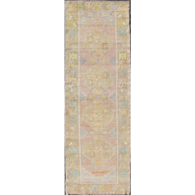 Textile Vintage Turkish Oushak Runner With Geometric Medallions in Light Blue and Yellow For Sale - Image 7 of 7
