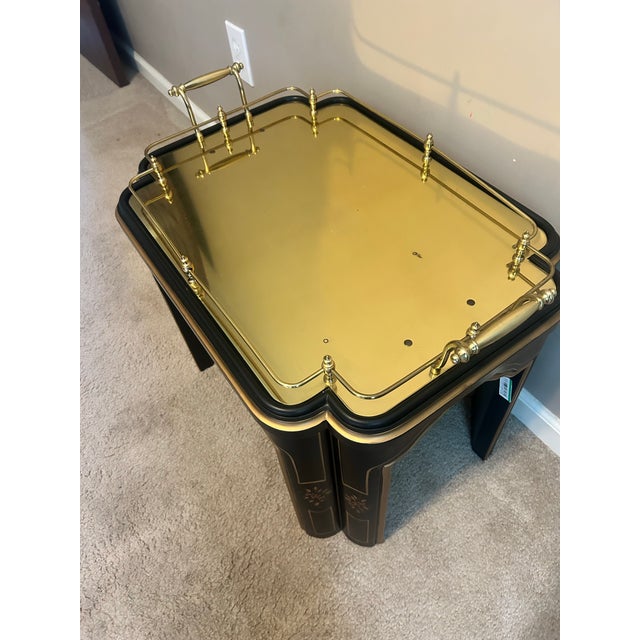 Drexel Heritage 1970s Attributed to Drexel Heritage "Et Cetera" Chinoiserie Black Lacquer & Mirror Brass Tea Table For Sale - Image 4 of 5