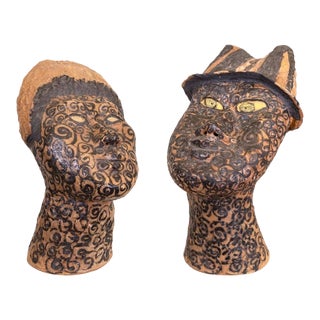 Fumio Takasugi Signed Modern Hand Painted Asian Head Ceramic Sculptures - A Pair For Sale