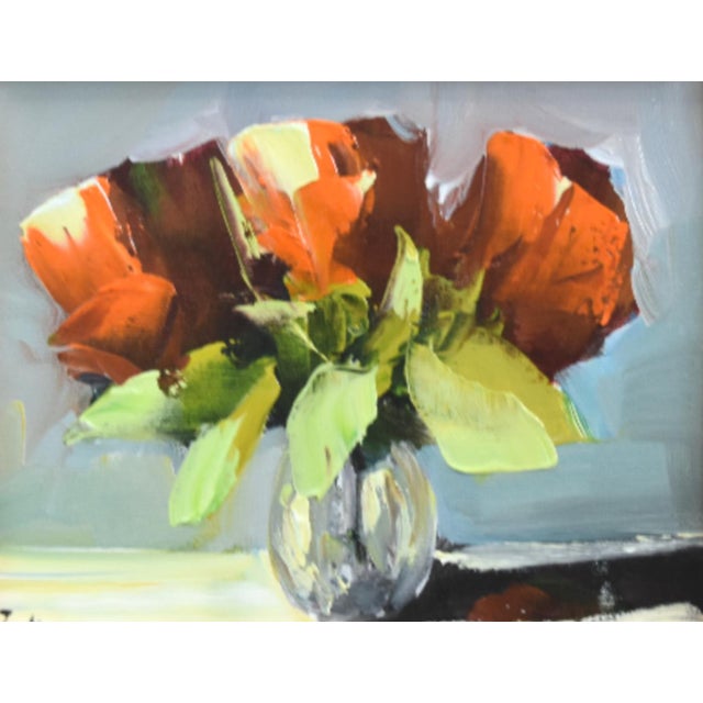Abstract Red Bouquet of Flowers Oil Painting Including the Antiqued Gold Wood Frame For Sale - Image 3 of 5