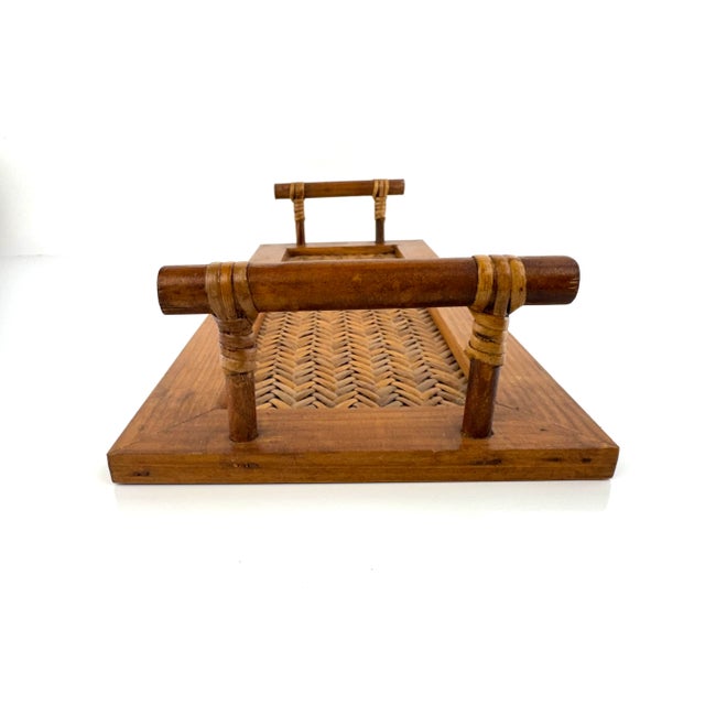 Vintage Rattan-Wrapped Wood Serving Tray With Herringbone Woven Base For Sale - Image 12 of 15