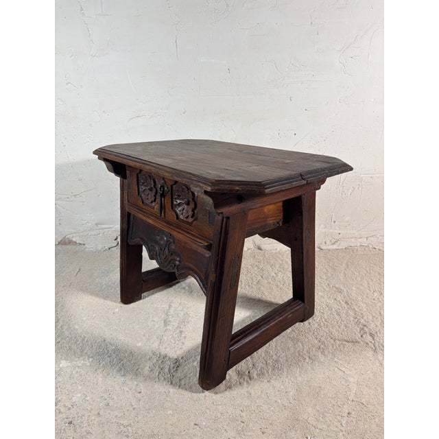 Brown Spanish Castilian Carved Wood Side Table with Iron Hardware, 1910 For Sale - Image 8 of 15