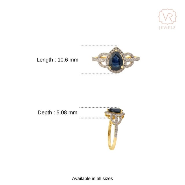 Classic Pear Cut Sapphire & Diamond Engagement Ring Size 5 in 14k Solid Gold For Sale - Image 12 of 17