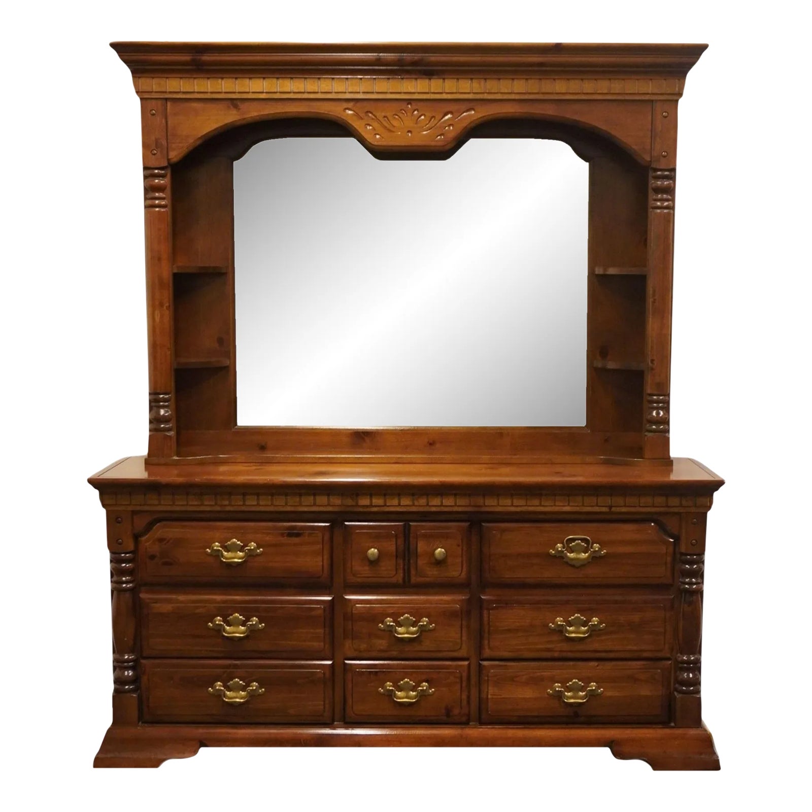 Bassett Furniture Solid Pine Rustic Americana 69" Dresser W. Mirror Hutch 1184-237 / 1184-239