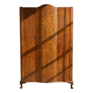 Early 20th Century Art Deco Oak Armoire With Curved Center Door For Sale