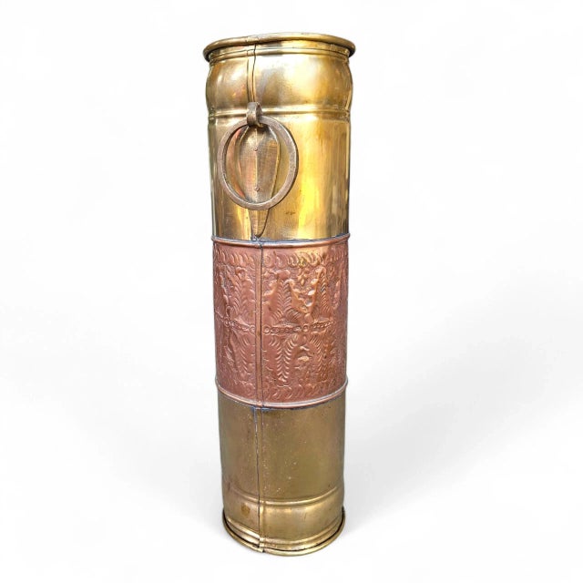Antique Brass & Copper Repoussé Umbrella Stand – Early 20th C. Hand‑Hammered Stick Holder For Sale - Image 9 of 14