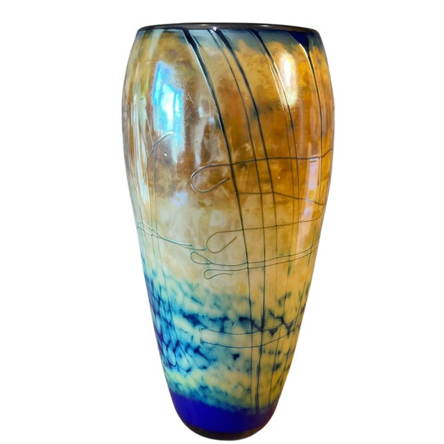 Abstract Textural Art Glass Amber Blue Ovoid Vase For Sale - Image 11 of 17