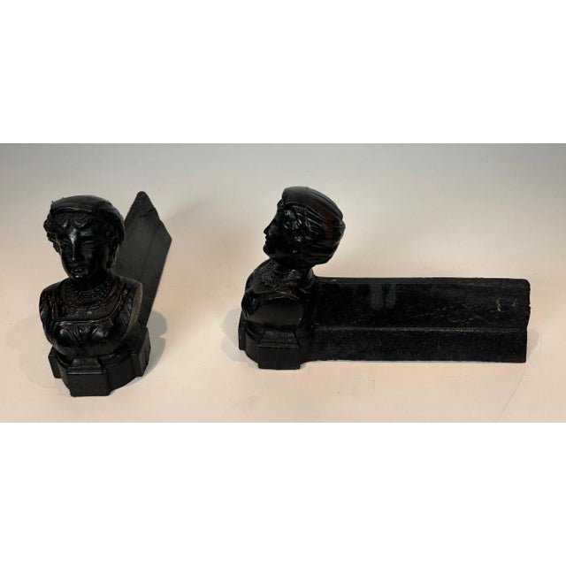 Metal Cast Iron Andirons Representing an Italian Woman - a Pair For Sale - Image 7 of 10