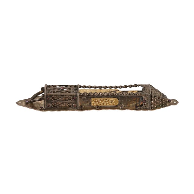 Large Palace Size Sterling Silver and Gold Mezuzah Case with Garnet and Amethyst An impressive palace size mezuzah case in...