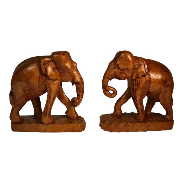 Carved Teak Wood Elephants From Thailand A Pair Chairish