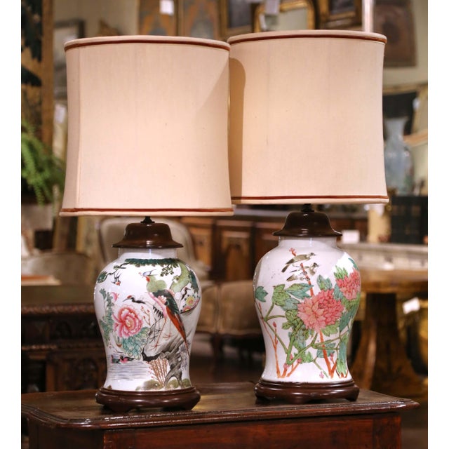 Mid 20th Century Pair of Mid 20th Century Chinese Famille Rose Porcelain Lamps With Birds, Flowers and Calligraphy For Sale - Image 5 of 14