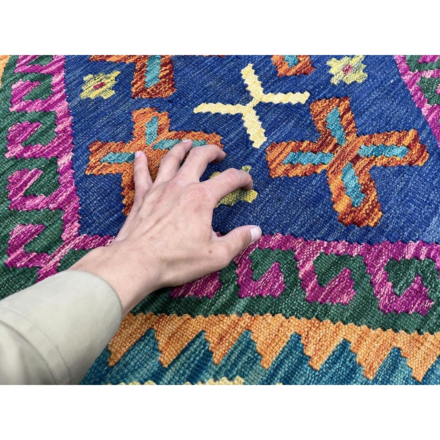 4'5" X 5'10" Green Afghan Chobi Kazak Geometric Wool Flatweave Kilim Rug For Sale - Image 11 of 16