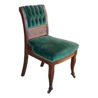 Antique Victorian Eastlake Carved Mahogany Tufted Velvet Parlor Side Chair For Sale