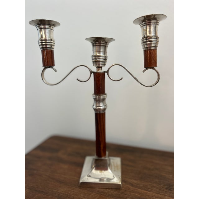 Contemporary Pair of Mahogany and Silver Plated Candelabras For Sale - Image 3 of 18