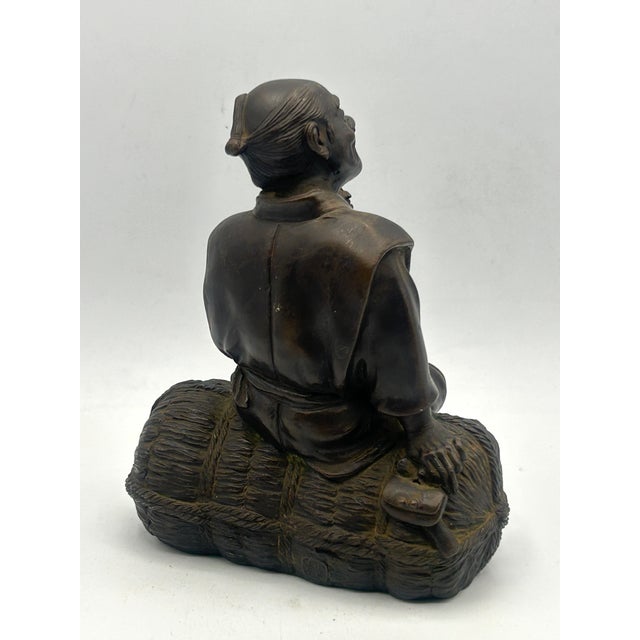 Metal Japanese Meiji Bronze Okimono Seated Pipe Smoker, Signed Toko, C. 1890 For Sale - Image 7 of 17