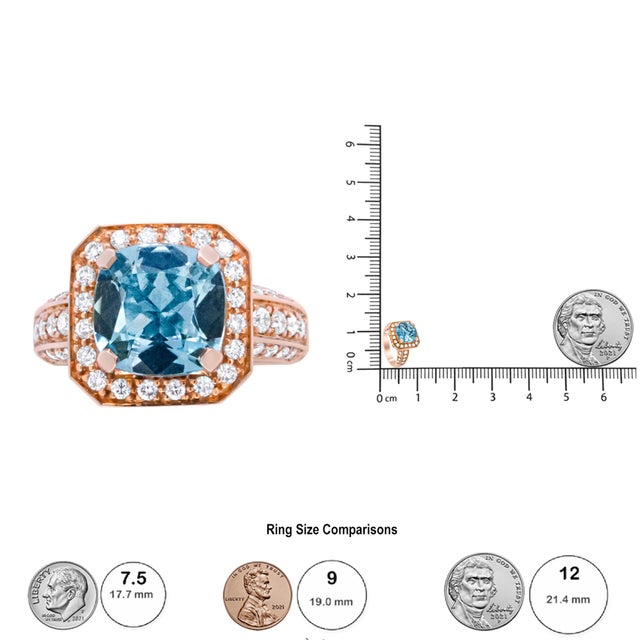 18K Rose Gold 10x10mm Cushion Shaped Aquamarine and 1 1/8 Cttw Round Diamond Halo Ring (F-G Color, VS1-VS2 Clarity) - Ring Size 6.5 For Sale In New York - Image 6 of 6