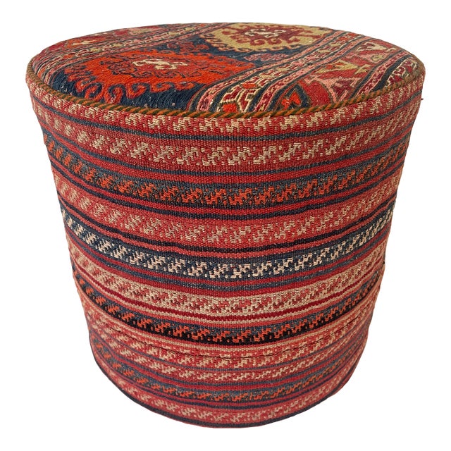 Vintage Hand Woven Kilim Upholstered Ottoman Pouf For Sale