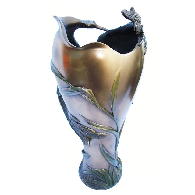 Art Nouveau Cold Cast Bronze Crane Vase For Sale In Sacramento - Image 6 of 11