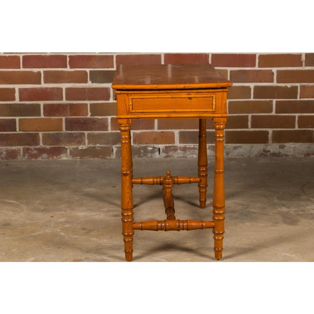 Mid 20th Century English Pine Faux Bamboo Desk with Two Drawers and H-Form Cross Stretcher For Sale - Image 11 of 12