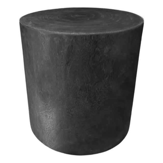Minimalist Solid Suar Wood Round Side Table, Modern Organic, Burnt Finish For Sale