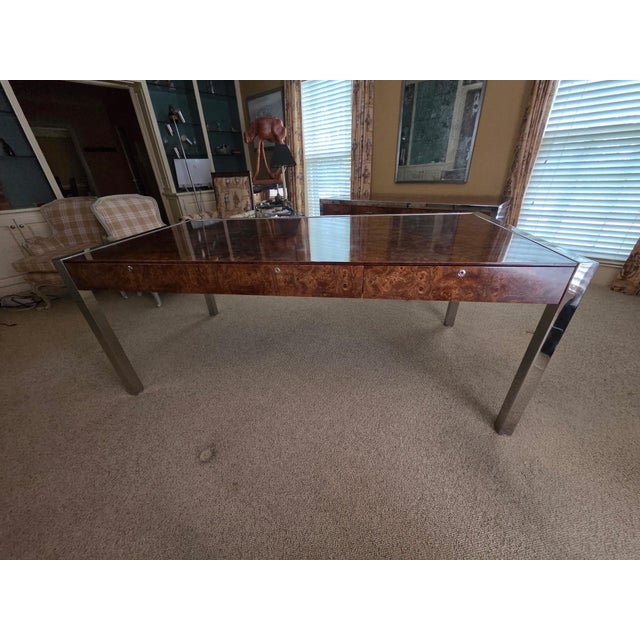 Wood 1970s Rare Leon Rosen for Pace Collection Burl Wood & Chrome Executive Desk For Sale - Image 7 of 11