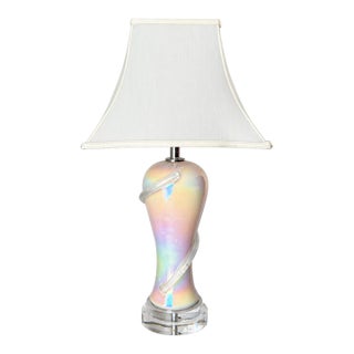 Iridescent Pearlescent Spiral Ribbon Table Lamp With Clear Tiered Base For Sale
