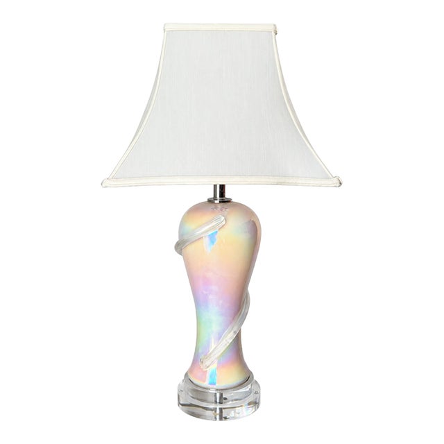 Iridescent Pearlescent Spiral Ribbon Table Lamp With Clear Tiered Base For Sale