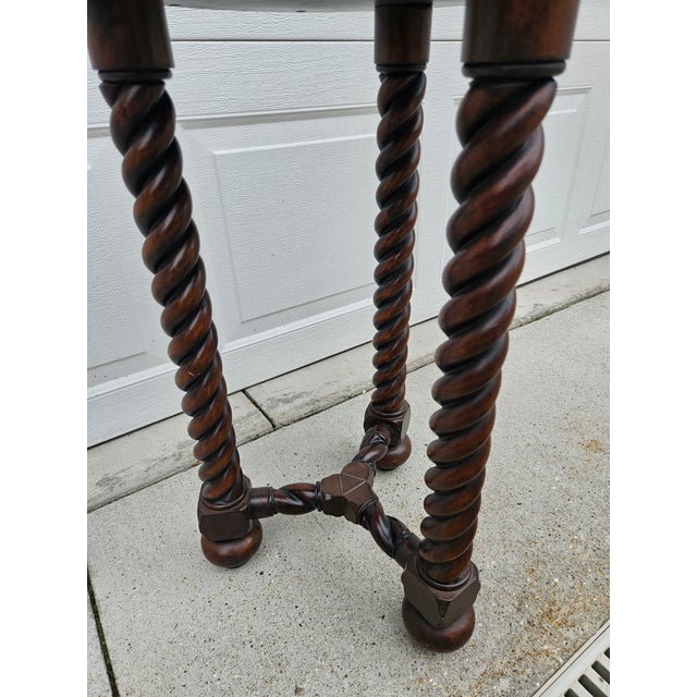 Wood Round Barley Twist Side Table Stylized Palm Tabletop For Sale - Image 7 of 10