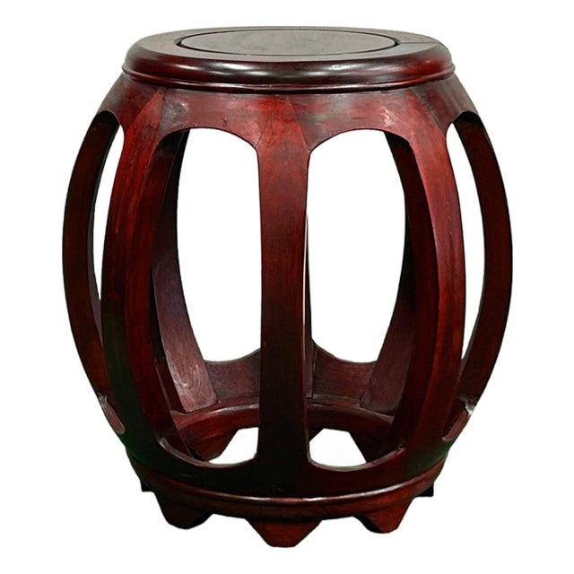 Vintage Reddish Brown Oriental Barrel Shape Round Stool Side Table For Sale