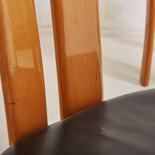 Set of 4 Wood + Black Leather Dining Chairs Attributed to Pierre Cardin For Sale - Image 9 of 11