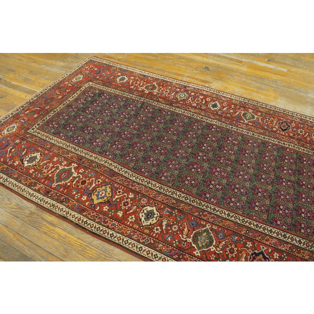 Late 19th Century N.W. Persian Carpet ( 4'8" x 11' - 143 x 335 ) Allover linear boteh pattern. Green background with red...