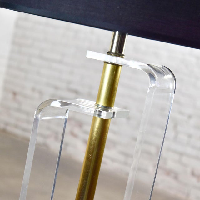 Vintage Mid-Century Modern Art Deco or Hollywood Regency Floor Lamp Lucite and Brass Plate Black Shade For Sale - Image 13 of 17